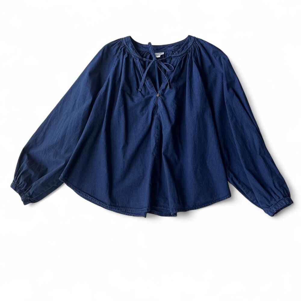 Boho Indigo Cotton Tie-Neck Blouse.